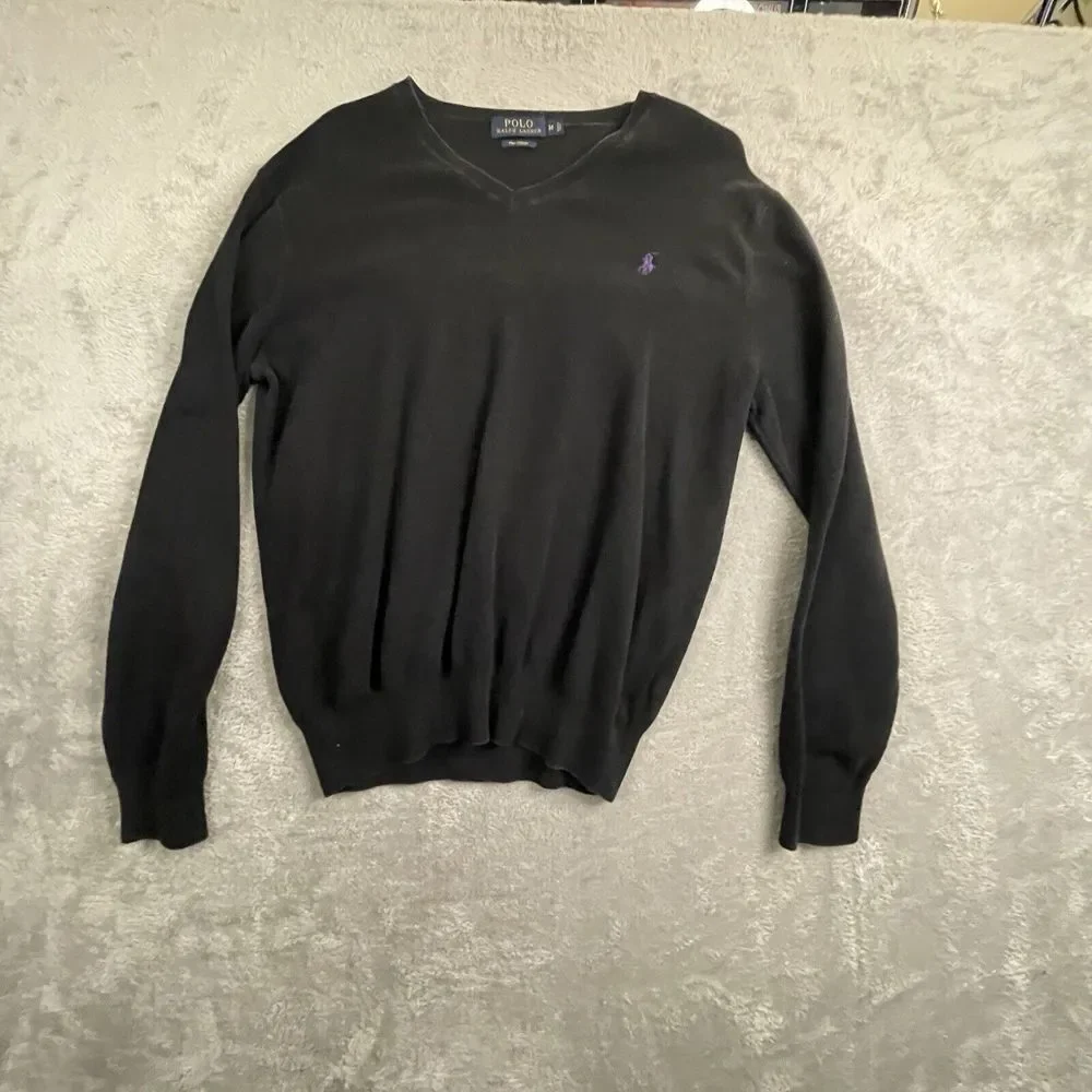 Polo Ralph‎ Lauren Men's Medium Jumper Navy Black Pima Cotton V Neck Pullover